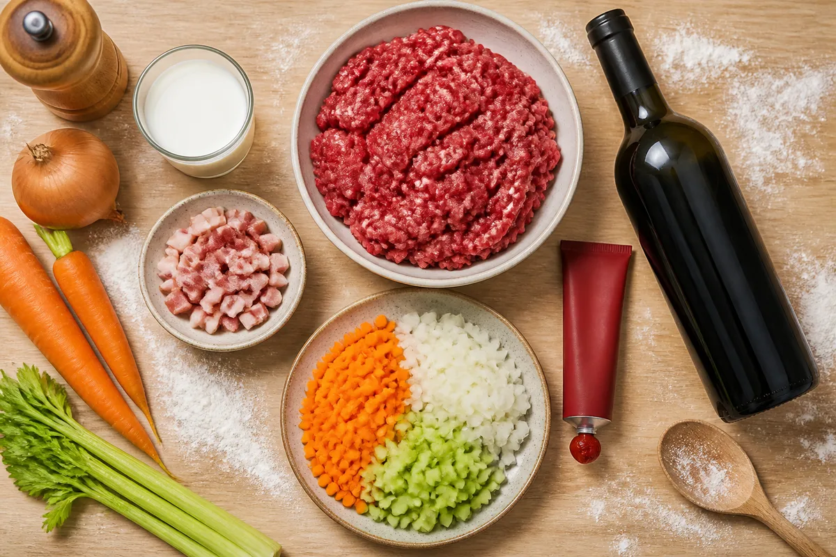 Ingrédients d&rsquo;un ragù bolonais disposés sur un plan de travail en bois