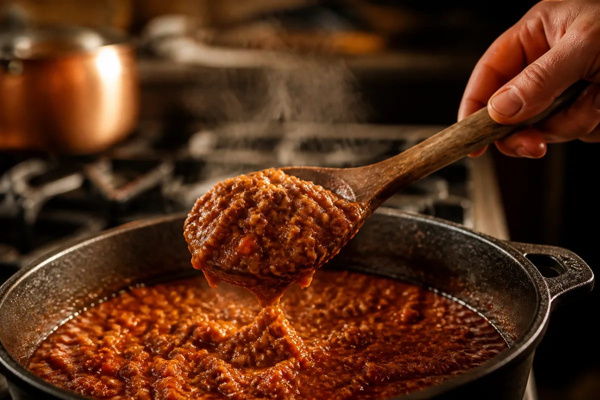 Cocotte en fonte contenant un ragù mijoté, cuillère en bois posée sur le bord