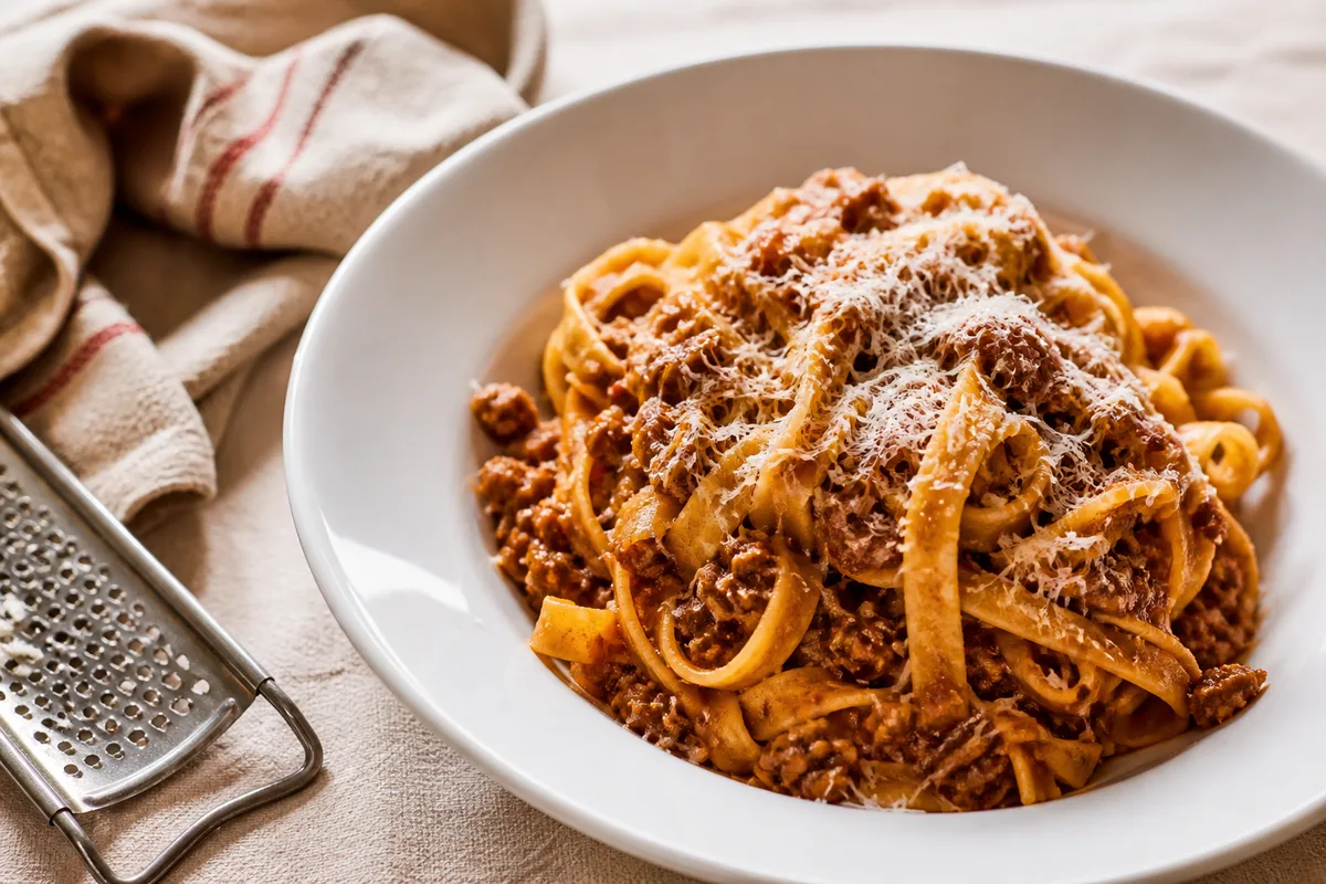 Assiette de tagliatelle nappées de ragù et de parmesan fraîchement râpé