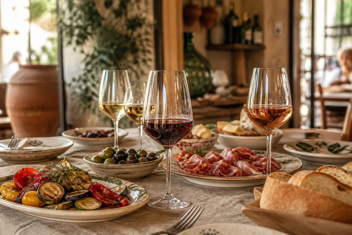 Table dressée avec plusieurs verres de vin italien et des assiettes d&rsquo;antipasti