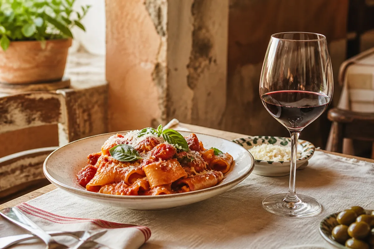 Plat de pâtes à la tomate servi avec un verre de vin rouge italien