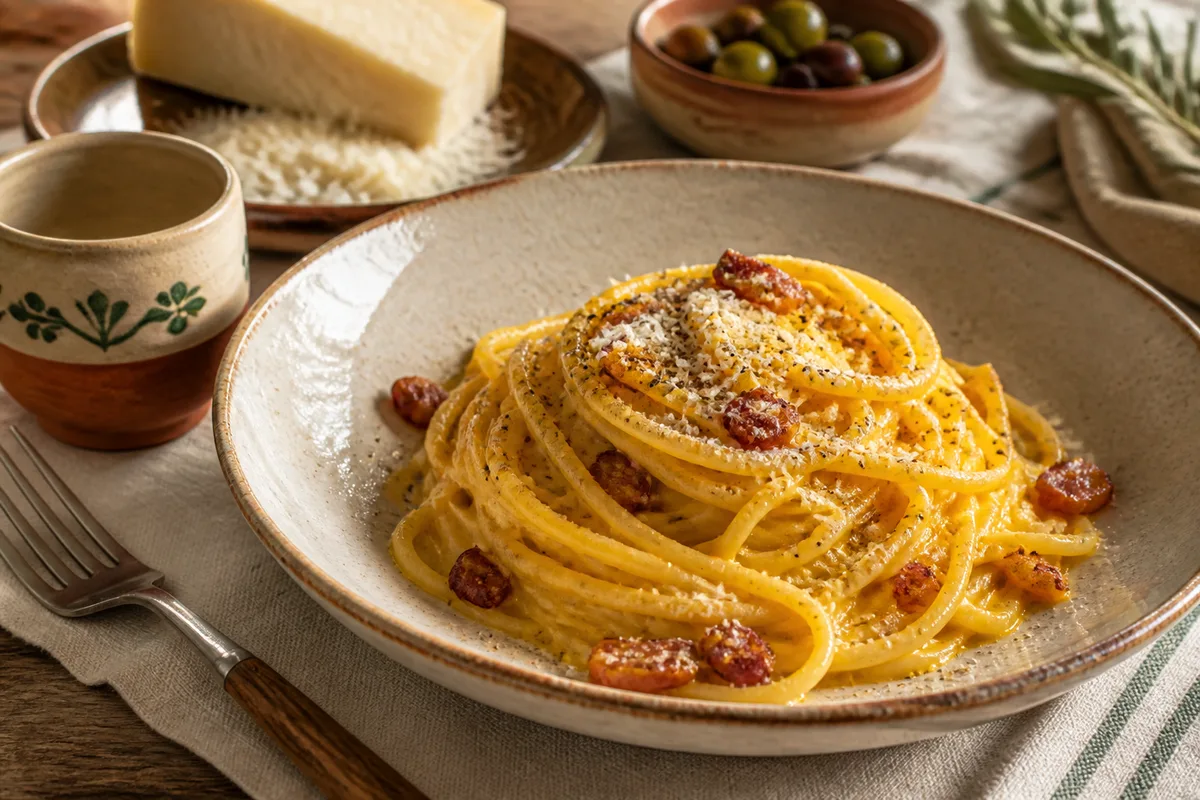 Assiette de spaghetti à la carbonara nappés de jaune d&rsquo;oeuf et de pecorino râpé