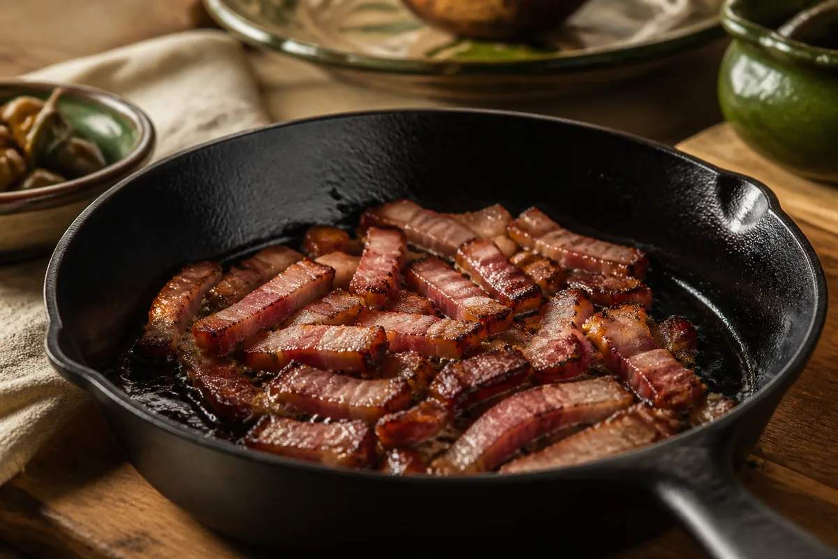 Gros plan sur des lardons de guanciale dorés dans une poêle en fonte