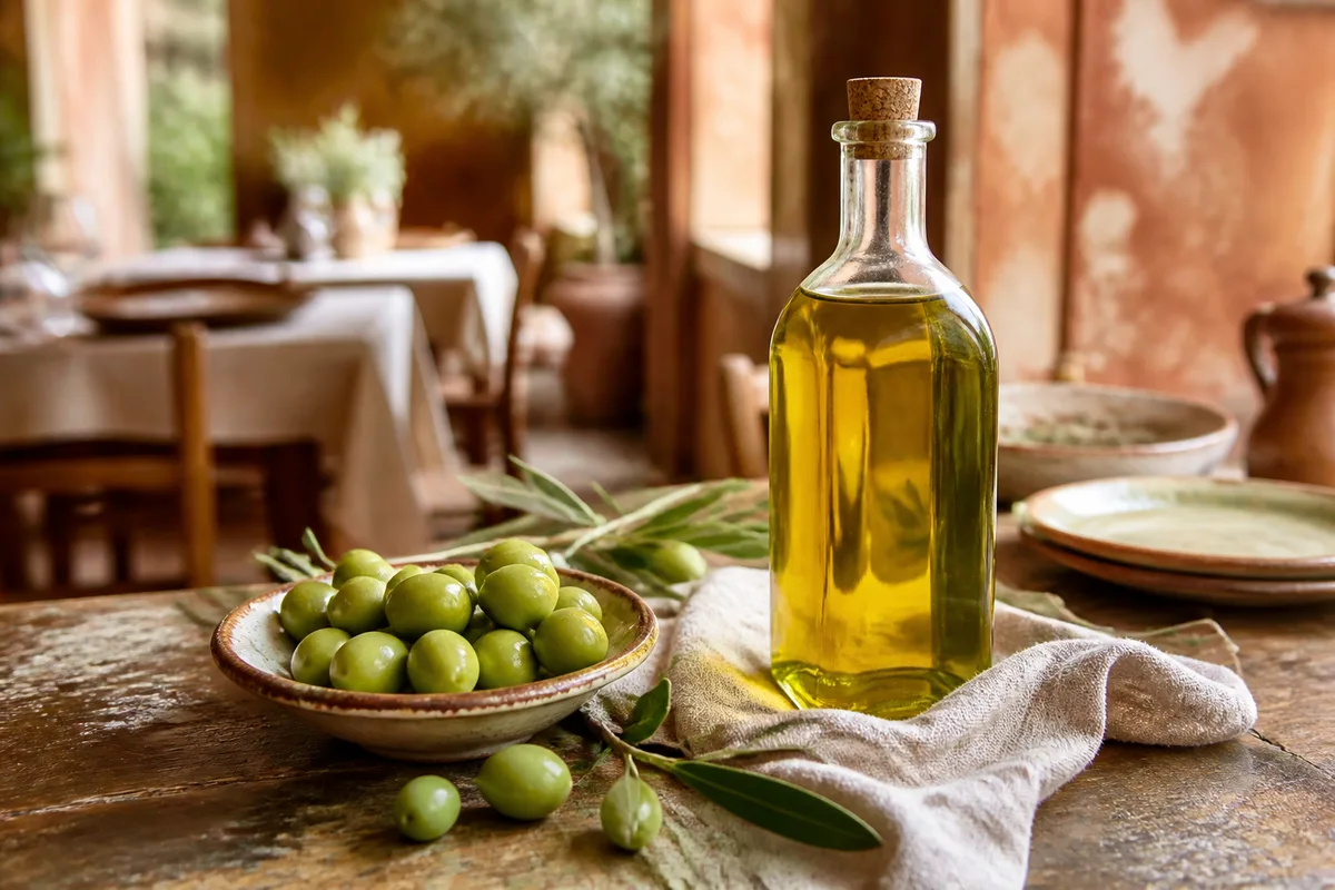 Bouteille d’huile d’olive italienne et olives vertes sur une table en bois