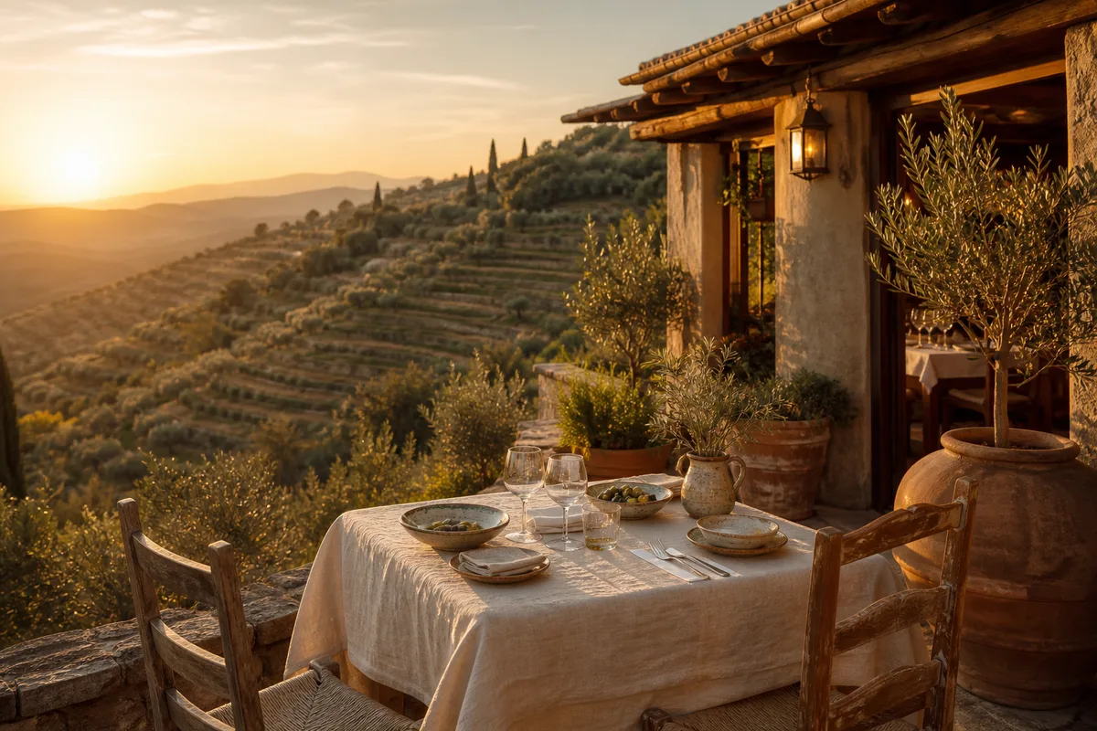 Oliviers en terrasses sur une colline toscane au soleil couchant