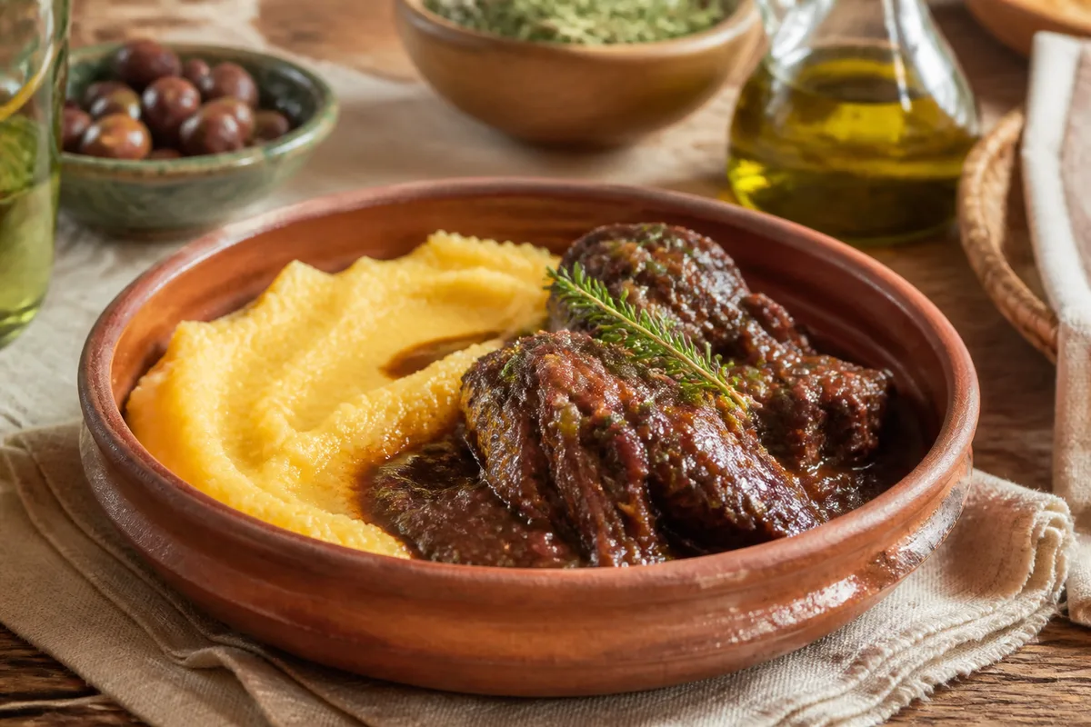 Polenta crémeuse servie avec une viande braisée dans un plat en terre
