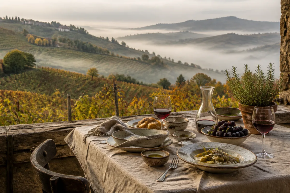 Vignoble en coteaux des Langhe sous une brume matinale d’automne