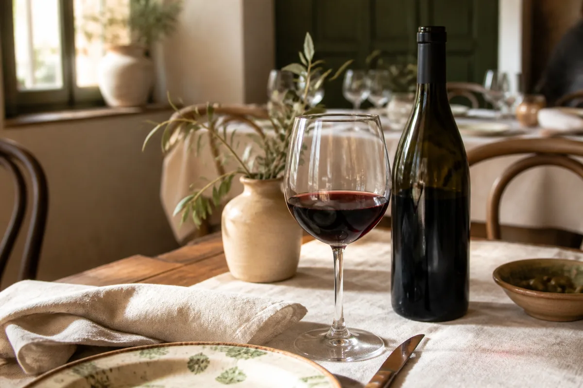 Verre de vin rouge piémontais posé près d’une bouteille sur une table en bois