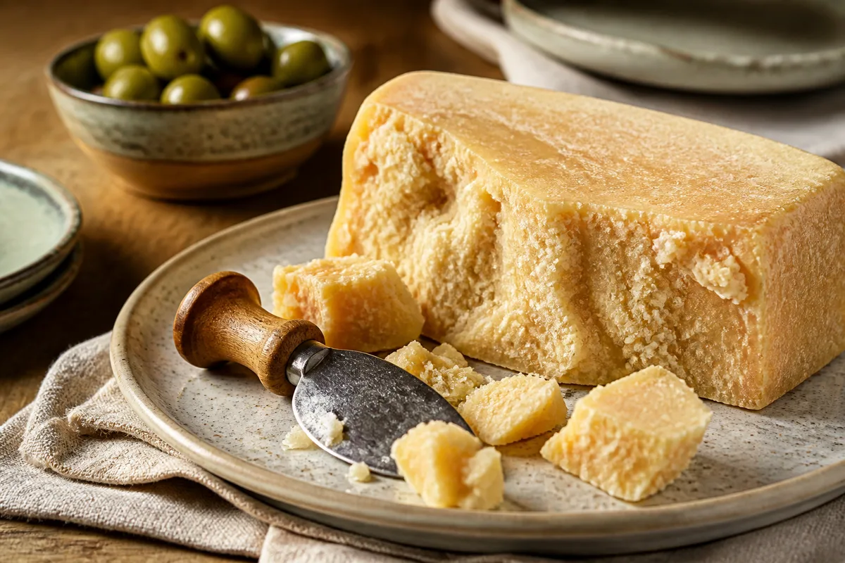 Éclat de parmesan brisé au couteau en amande, cristaux visibles