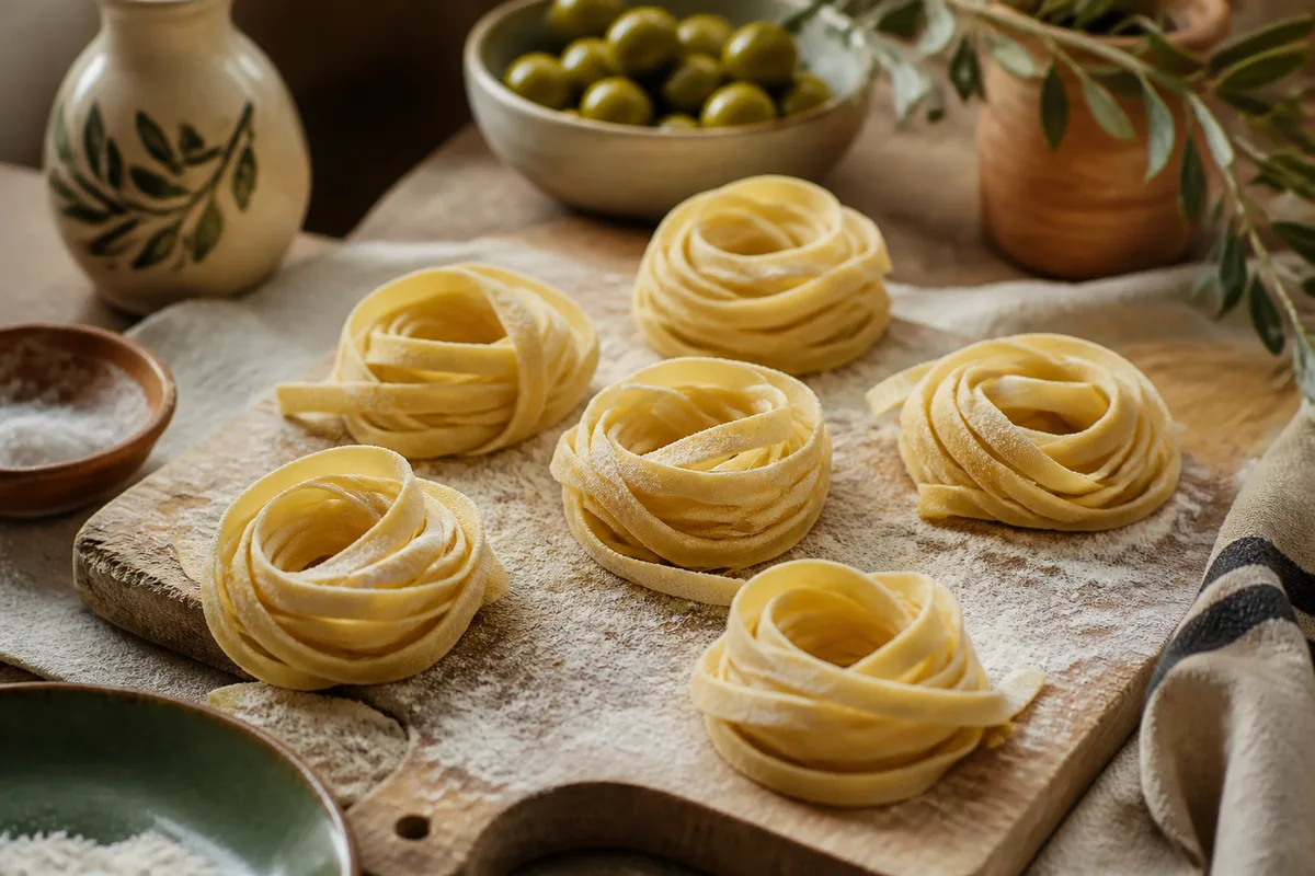 Tagliatelle fraîches farinées disposées en nids sur un plan de travail en bois