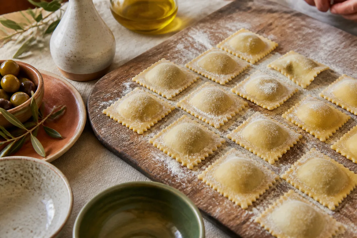 Ravioli fraîchement façonnés et scellés à la main sur une planche farinée