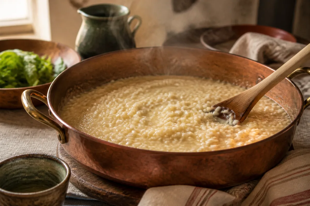 Riz carnaroli crémeux en cours de cuisson dans une casserole large en cuivre