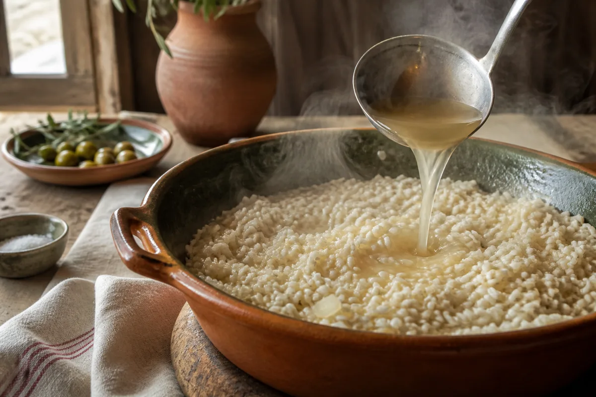 Louche versant un bouillon fumant sur un risotto en cours de mouillage